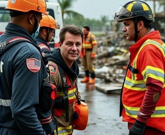 Image shows three emergency responders standing near the site of an incident.